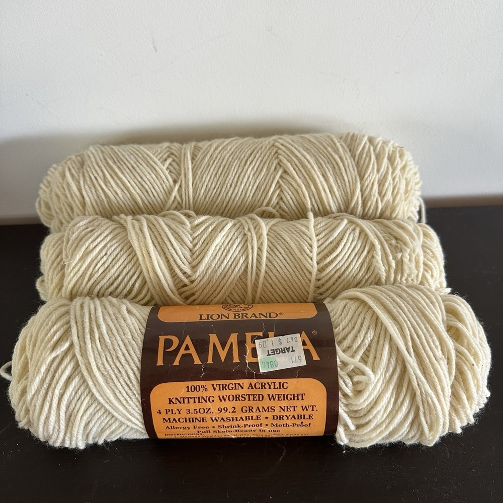 VTG LION BRAND Yarn Pamela 3 Skeins Egg Shell Acrylic 2 Full 1 Partial 3.5 Oz